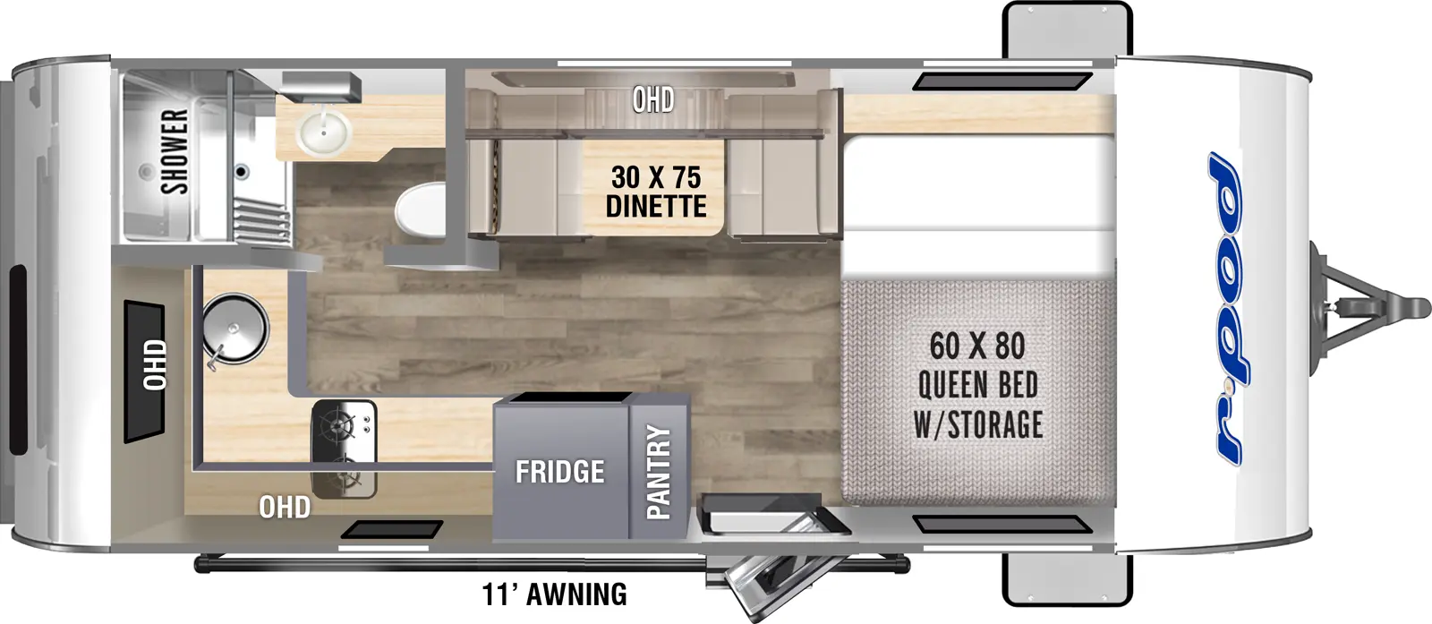 The RP-194C has zero slideouts and one entry. Exterior features an 11 foot awning. Interior layout front to back: side-facing queen bed with storage, off-door side dinette with overhead cabinet; door side entry, pantry, refrigerator, and kitchen counter with cooktop and overhead cabinet that wraps around to the rear with sink; rear off-door side full bathroom.